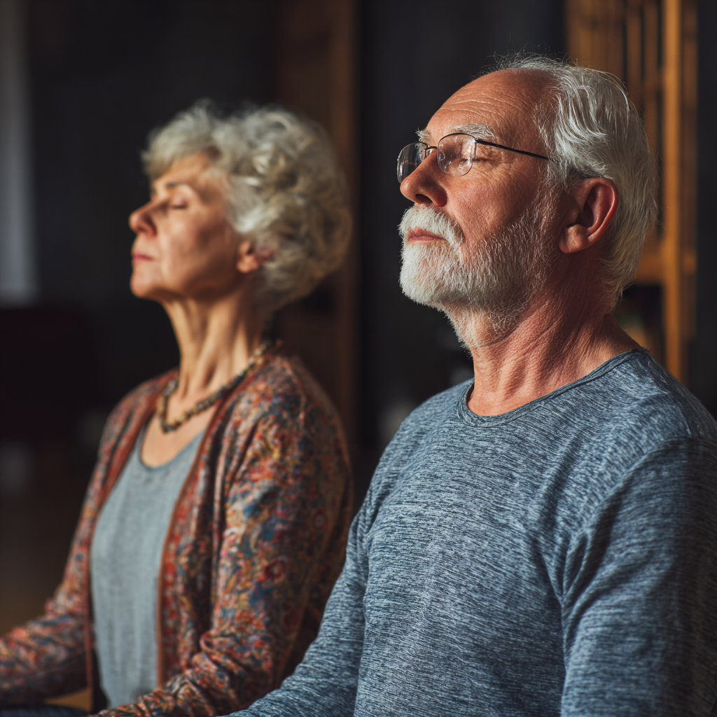 Diverse group of Ukrainian adults of different ages practicing yoga poses together in a warm studio environment with natural wood elements