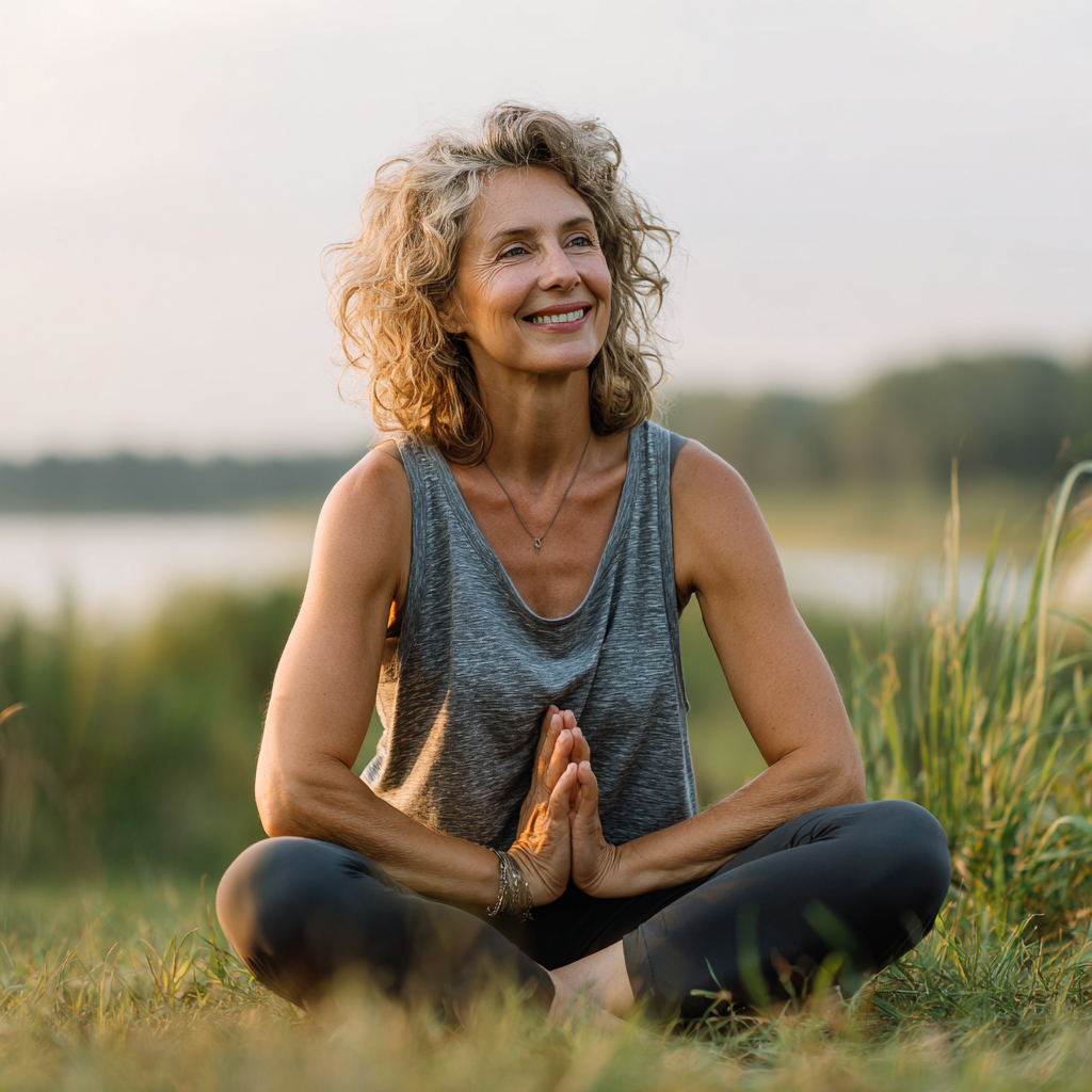 Elderly Ukrainian man and woman practicing gentle yoga balance poses in a peaceful studio with soft natural lighting and plants